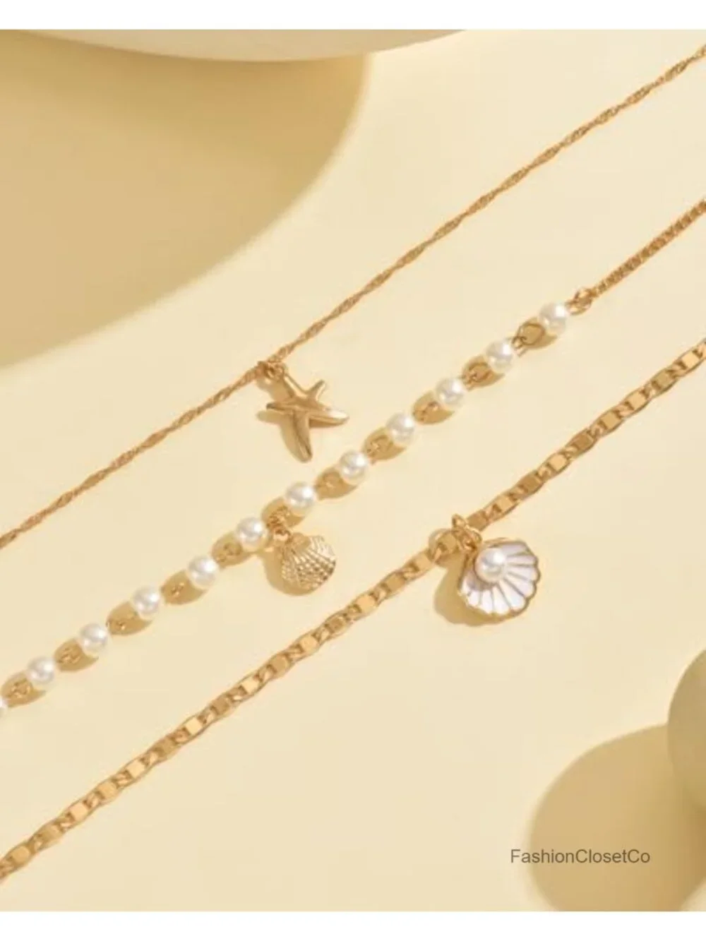 Set of 3 Bohemian Shell Pearl Puka Necklaces Gold Starfish Pendant Beach